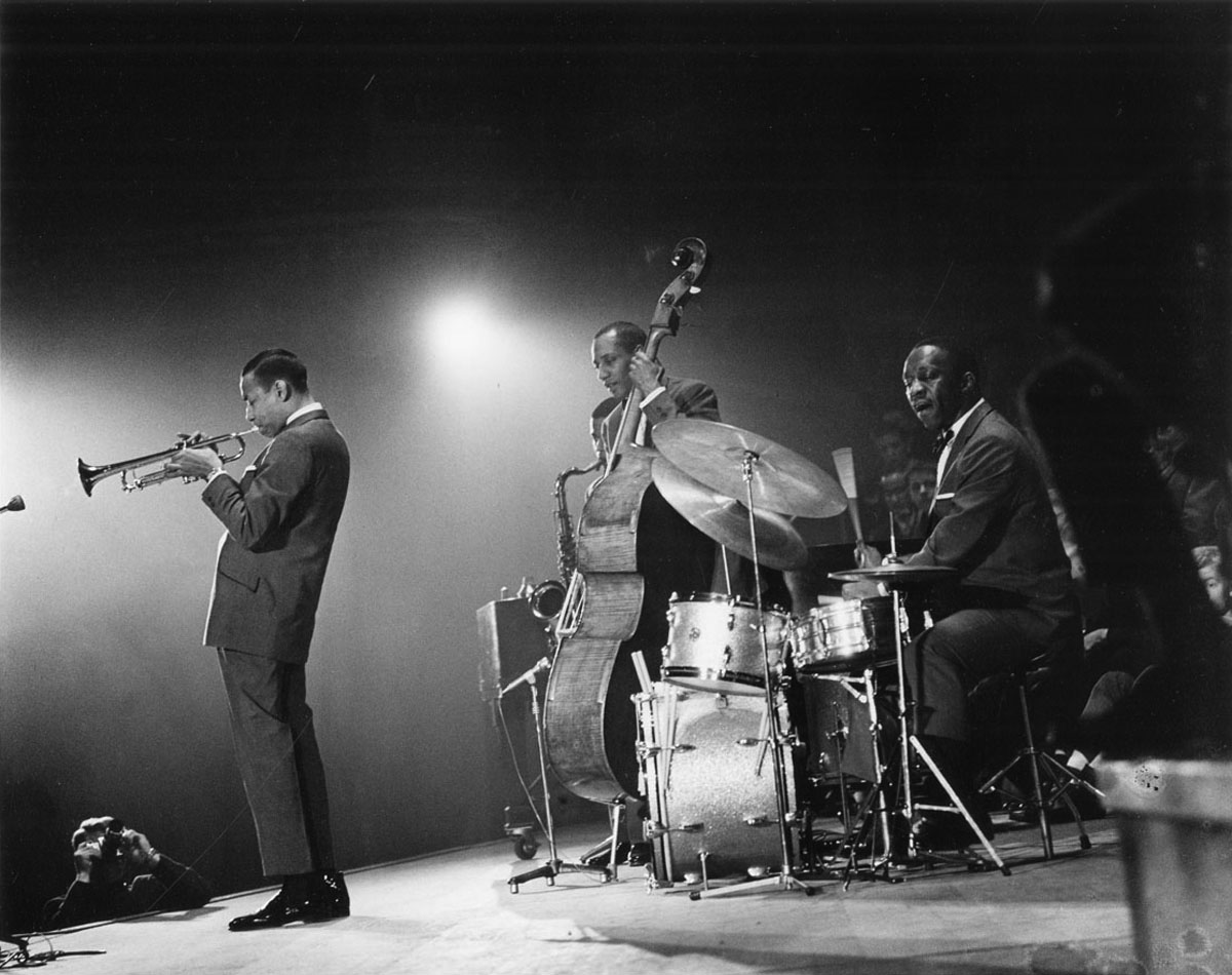 Art Blakey performing at the drums with his band in Amsterdam, 1960